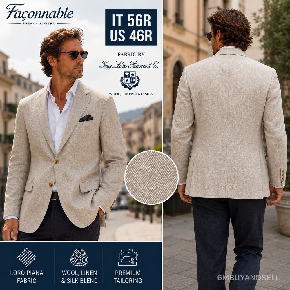 Faconnable Loro Piana Wool Linen Silk Herringbone Blazer Tan 46R MJ0236 DT314